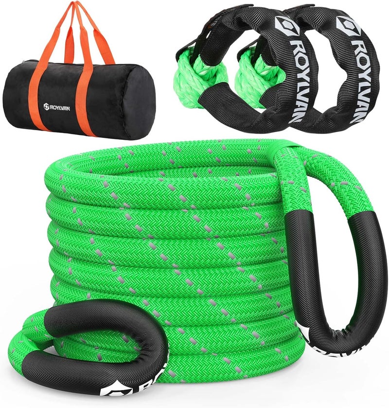 Roylvan 1" x 30ft Kinetic Recovery Tow Rope, 48800 LBS Nylon Tow Strap with 2 Soft Shackles 1/2" x 22", 30% Elasticity Heavy Duty Offroad Towing Straps Kit for Trucks, SUV, Tractor, Fluorescent Green - Image 1